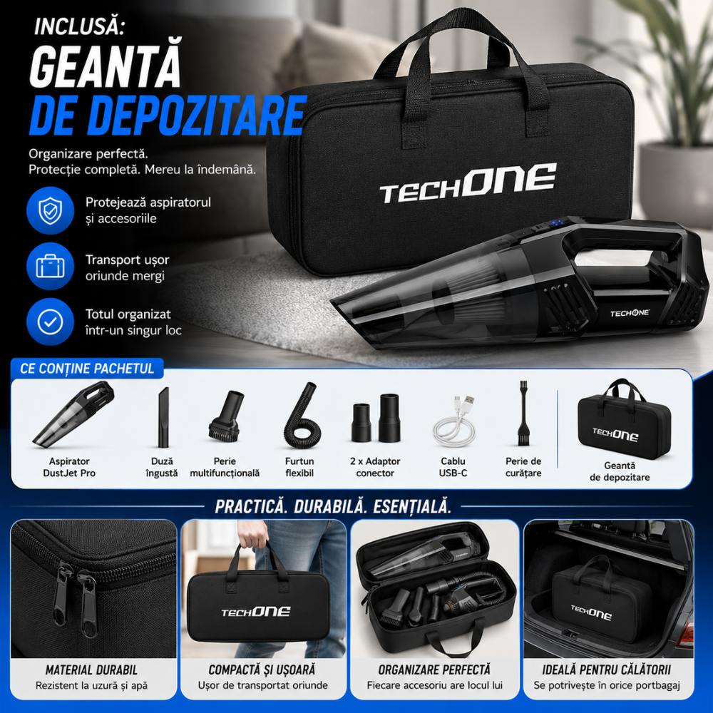 Aspirator de Mana Portabil Cu Acumulator Techone DustJet Pro, Negru