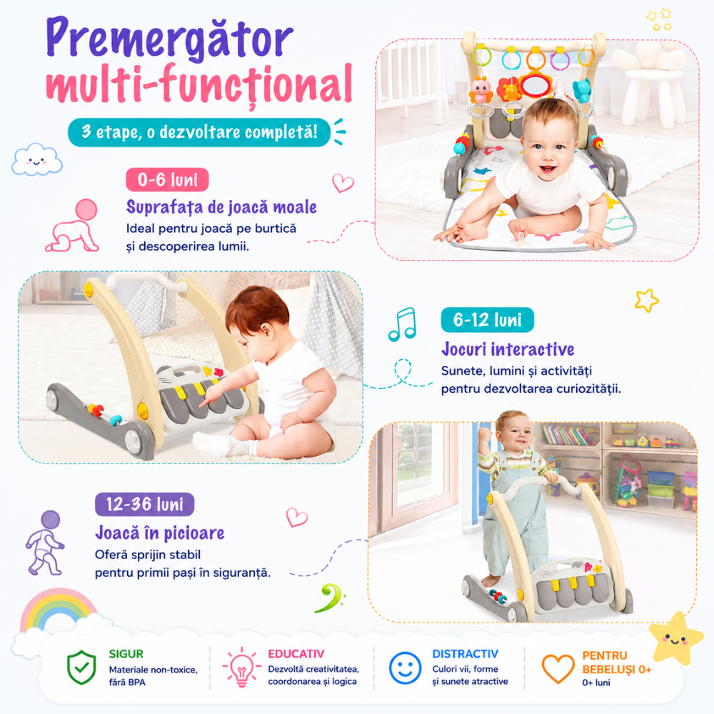 Antemergator si saltea activitati Copii 2 in 1 KidProtect Piano