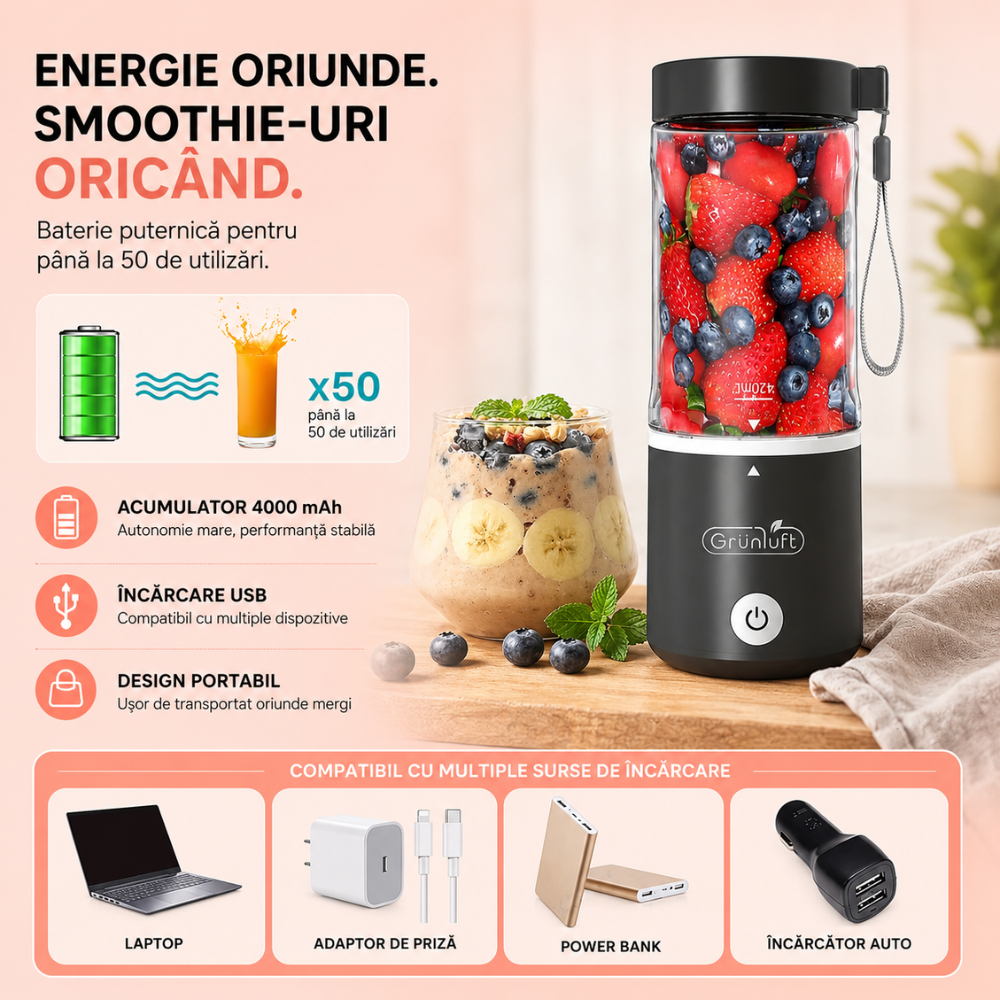 Mini Blender Electric, Grunluft Easy Mix, Roz