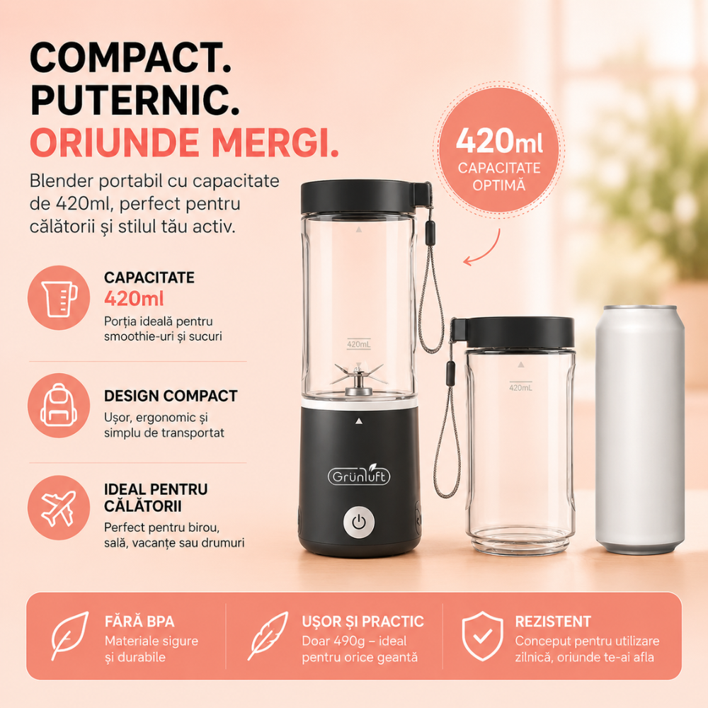 Mini Blender Electric, Grunluft Easy Mix, Roz