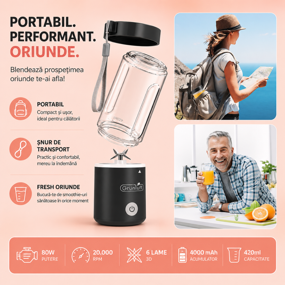 Mini Blender Electric, Grunluft Easy Mix, Roz
