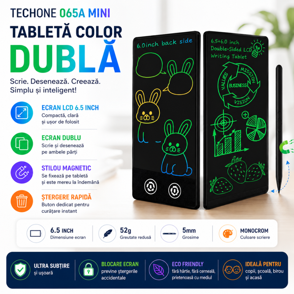 Tableta de scris si desenat color dubla Techone 065A Mini, 6.5 inch