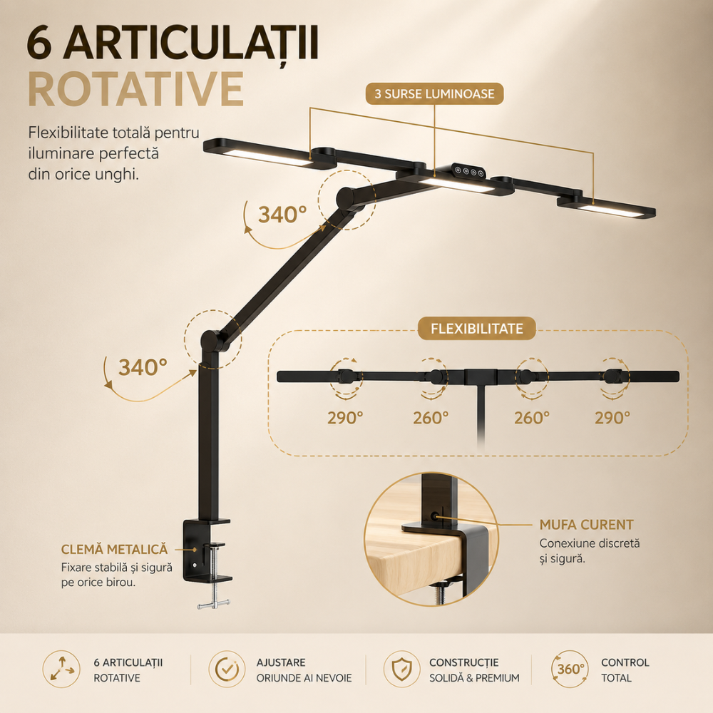 Lampa de birou LED tripla Huerler Office Pro