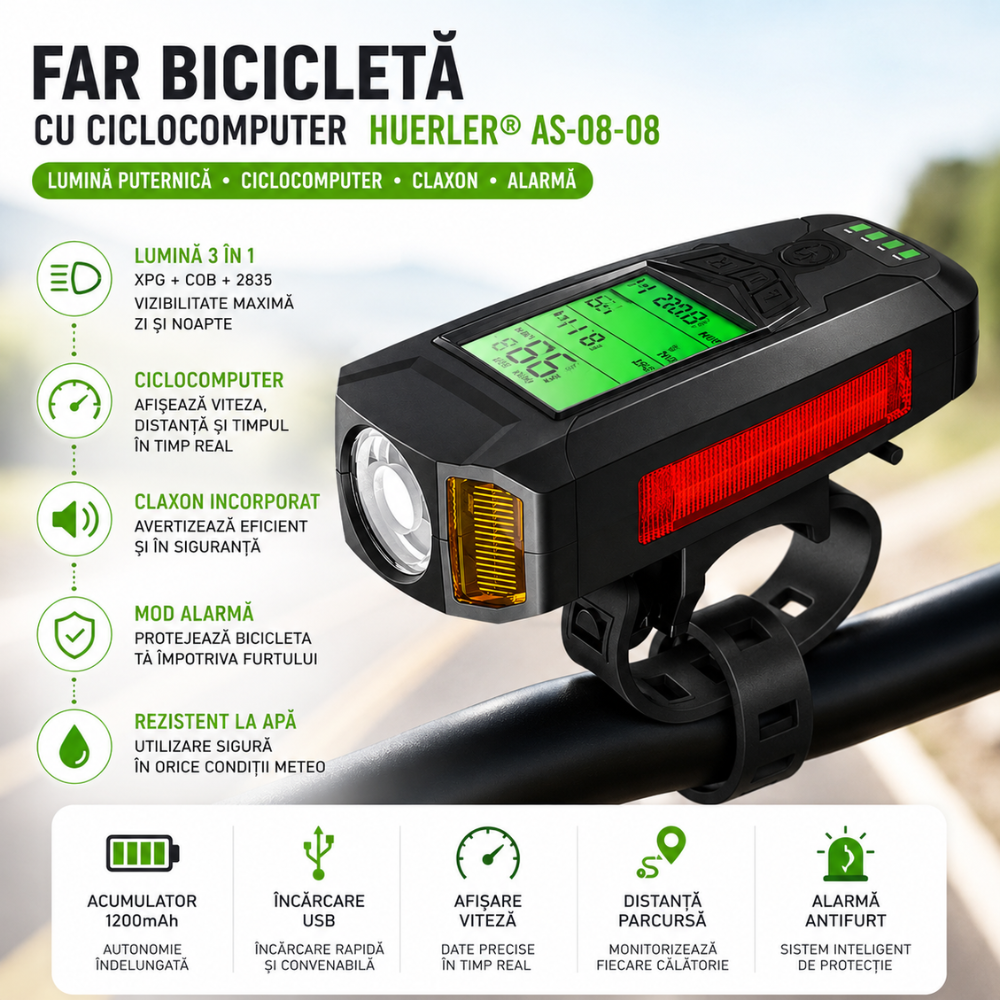 Far bicicleta cu ciclocomputer Huerler AS-08-08