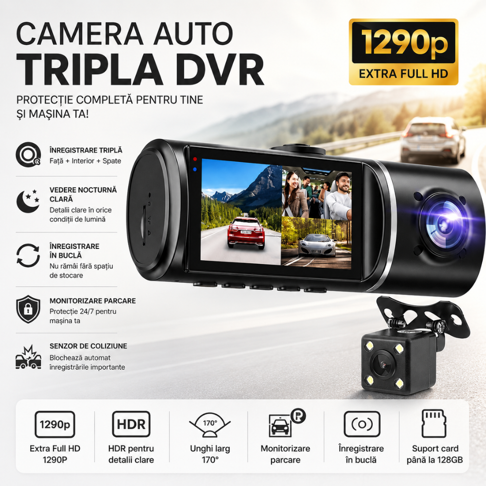 Camera Auto Tripla DVR Loosafe Road Team Pro