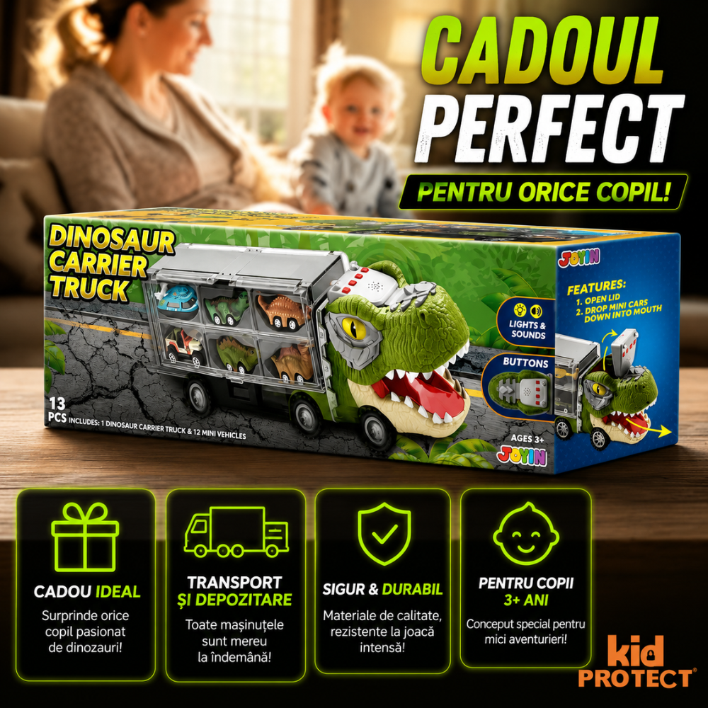 Set Camion Tit De Jucarie Pentru Copii Transport, KidProtect DinoHaul Car Carrier, 3 ani+