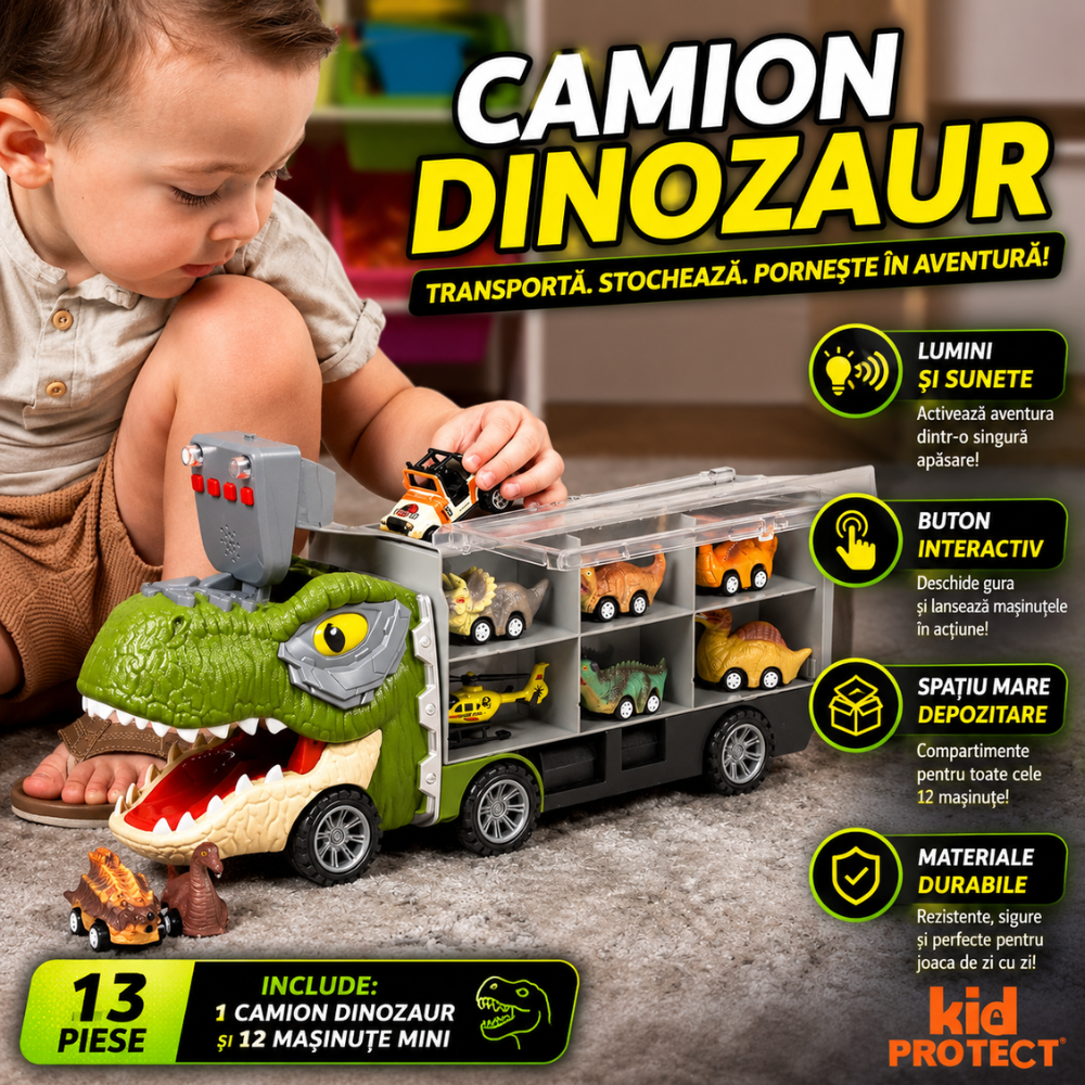 Set Camion Tit De Jucarie Pentru Copii Transport, KidProtect DinoHaul Car Carrier, 3 ani+