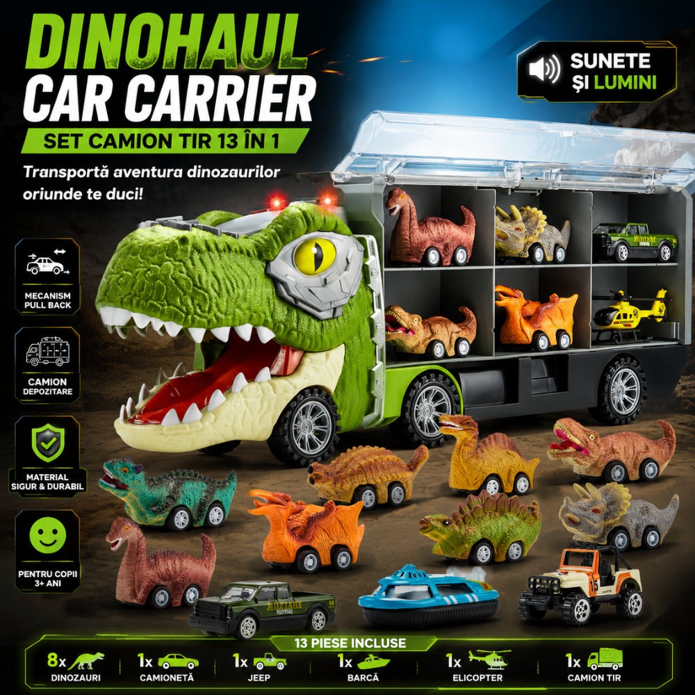 Set Camion Tit De Jucarie Pentru Copii Transport, KidProtect DinoHaul Car Carrier, 3 ani+