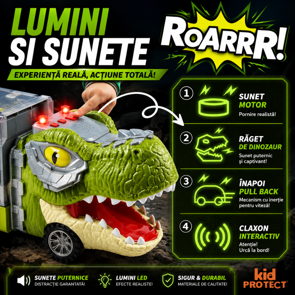 Set Camion Tit De Jucarie Pentru Copii Transport, KidProtect DinoHaul Car Carrier, 3 ani+