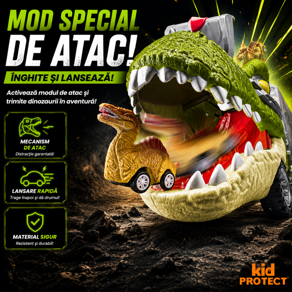 Set Camion Tit De Jucarie Pentru Copii Transport, KidProtect DinoHaul Car Carrier, 3 ani+