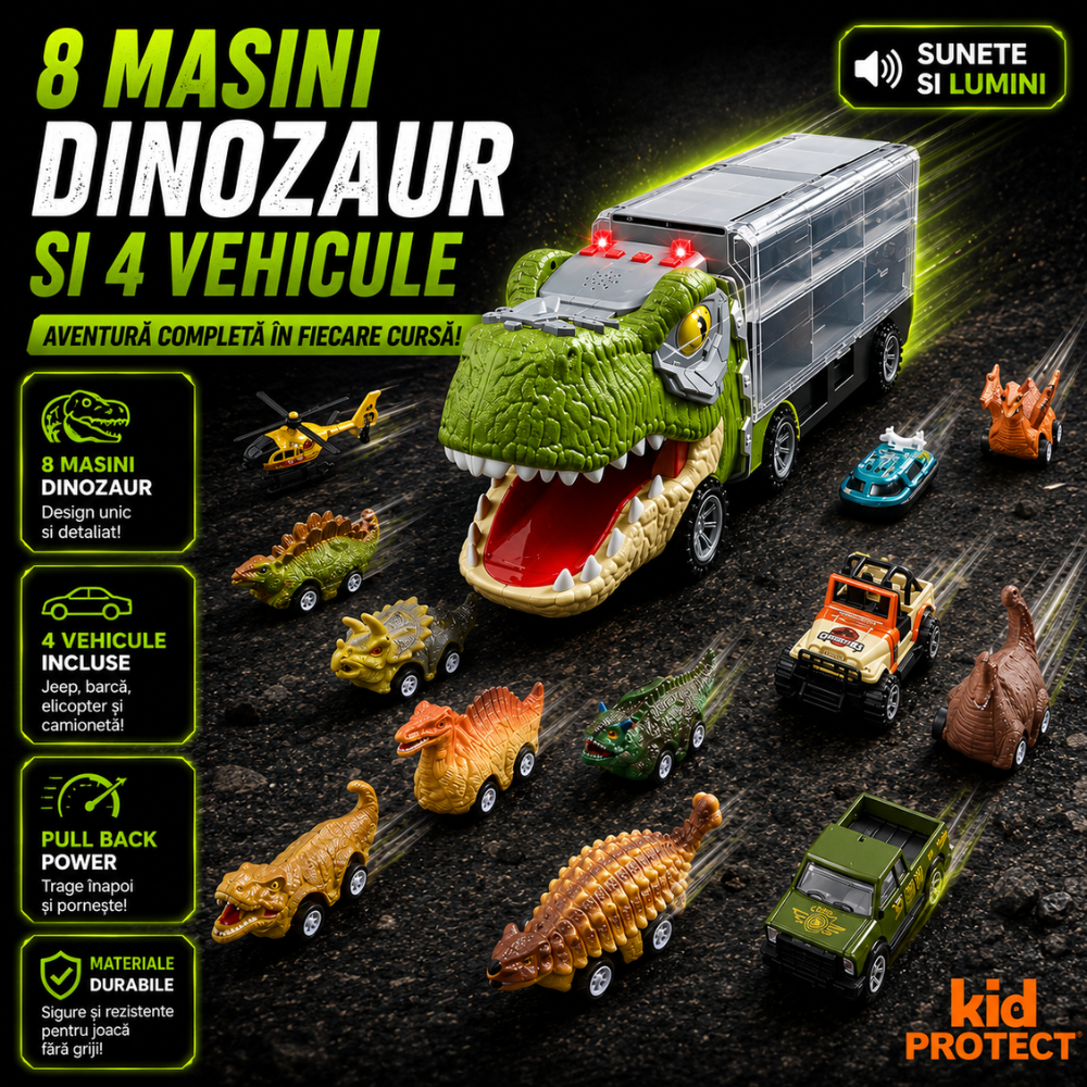 Set Camion Tit De Jucarie Pentru Copii Transport, KidProtect DinoHaul Car Carrier, 3 ani+