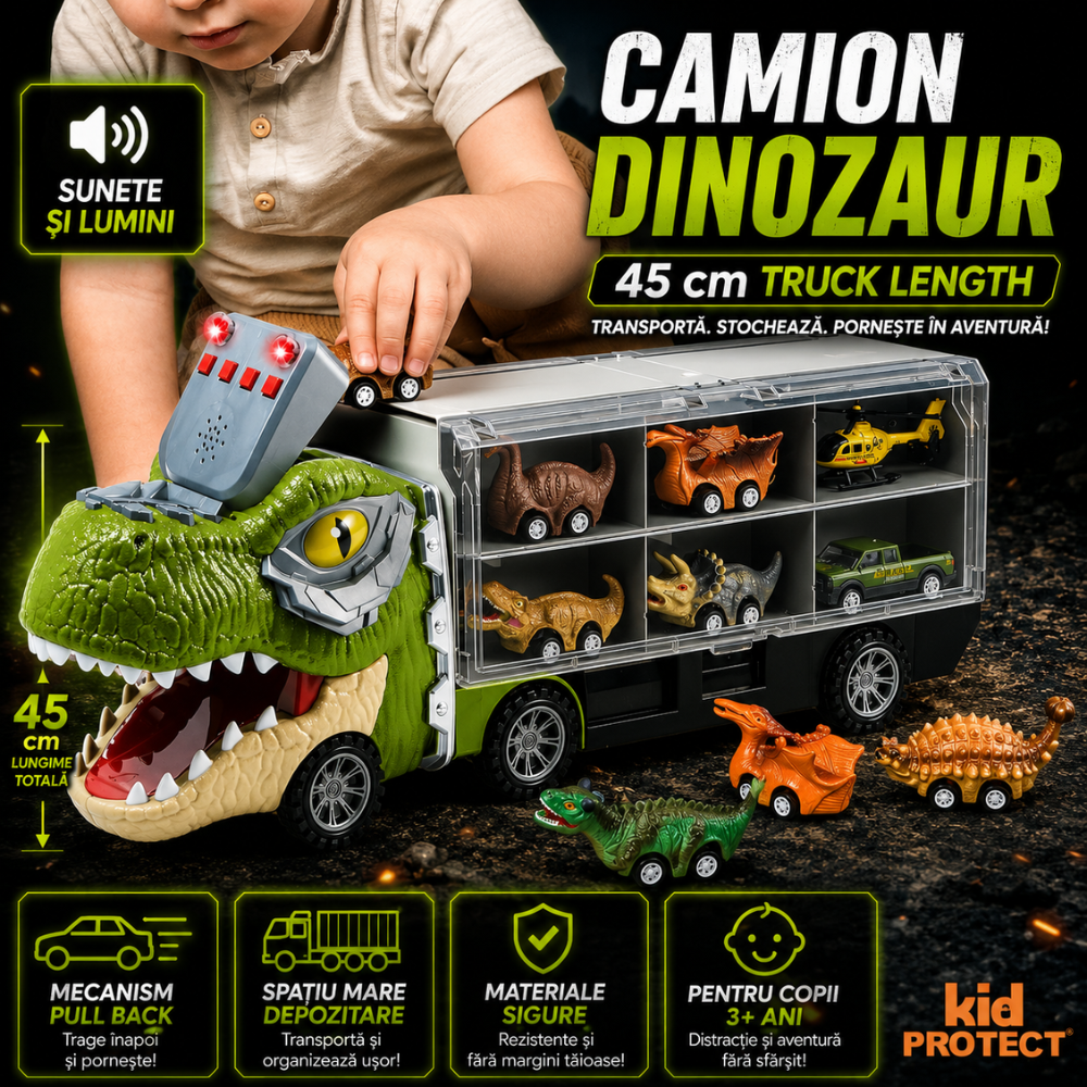 Set Camion Tit De Jucarie Pentru Copii Transport, KidProtect DinoHaul Car Carrier, 3 ani+