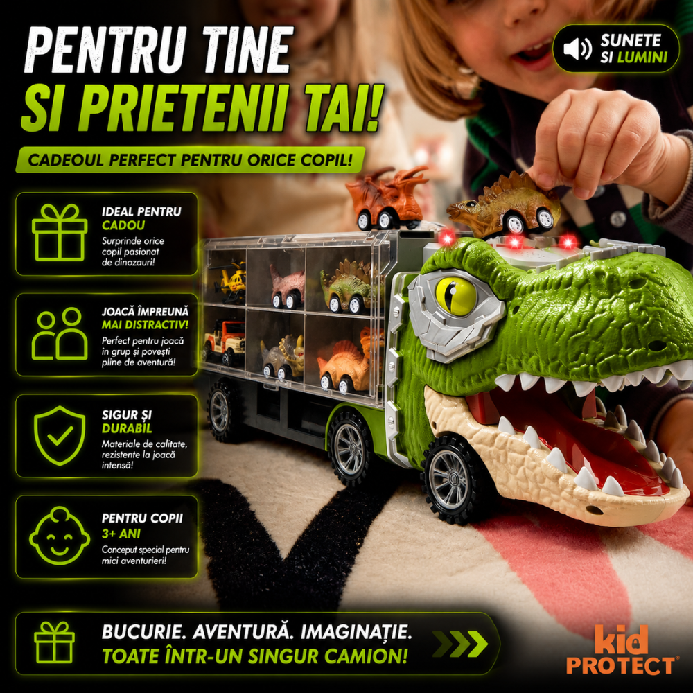 Set Camion Tit De Jucarie Pentru Copii Transport, KidProtect DinoHaul Car Carrier, 3 ani+