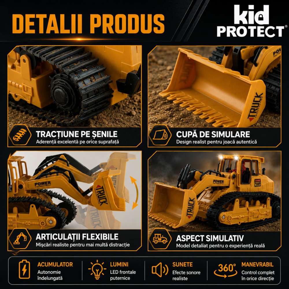 Buldozer Super Realist Cu Telecomanda Pentru Copii KidProtect PowerTrack Dozer