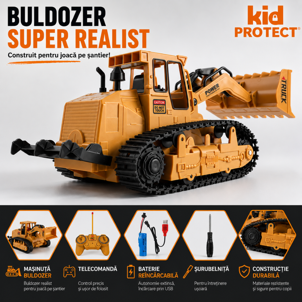 Buldozer Super Realist Cu Telecomanda Pentru Copii KidProtect PowerTrack Dozer