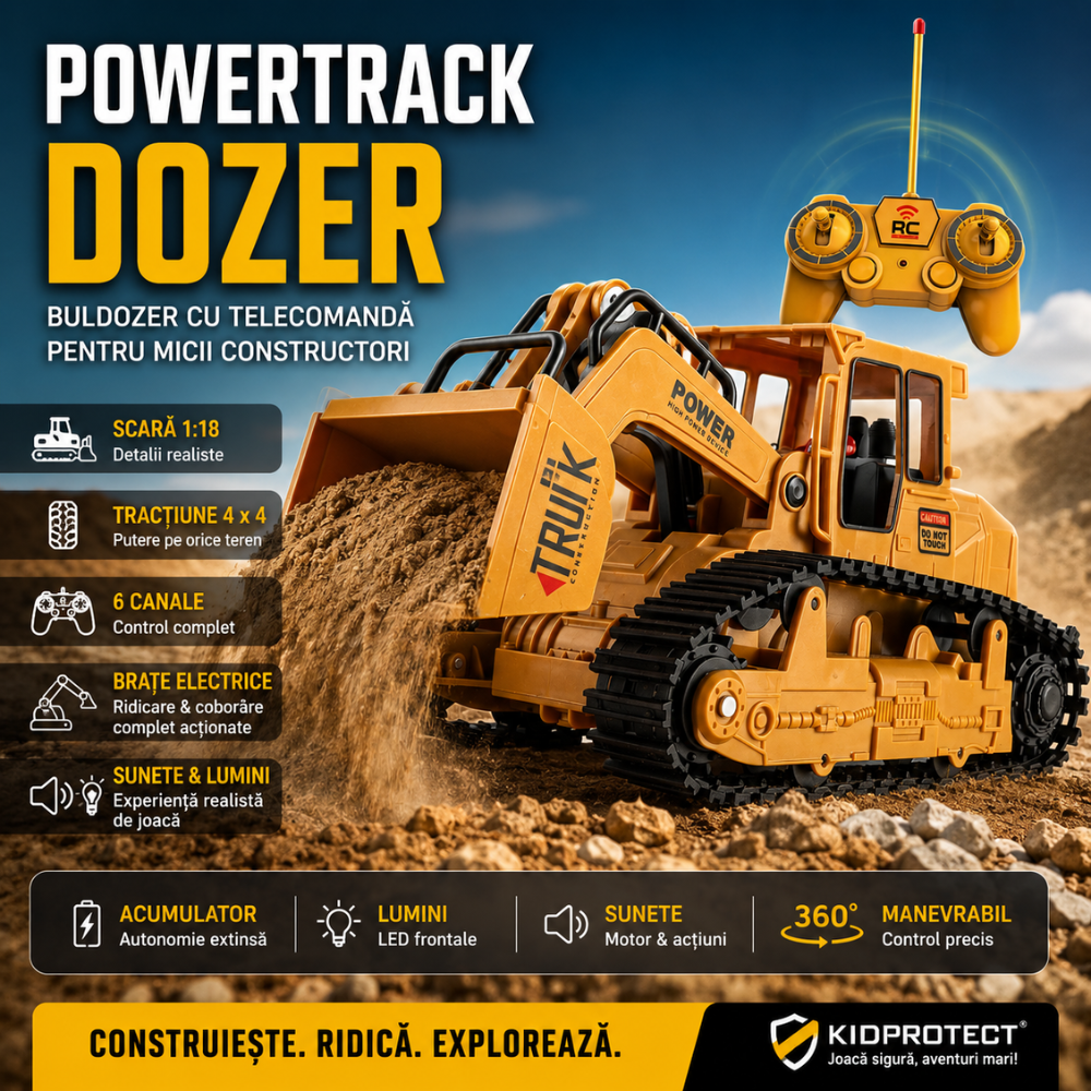Buldozer Super Realist Cu Telecomanda Pentru Copii KidProtect PowerTrack Dozer