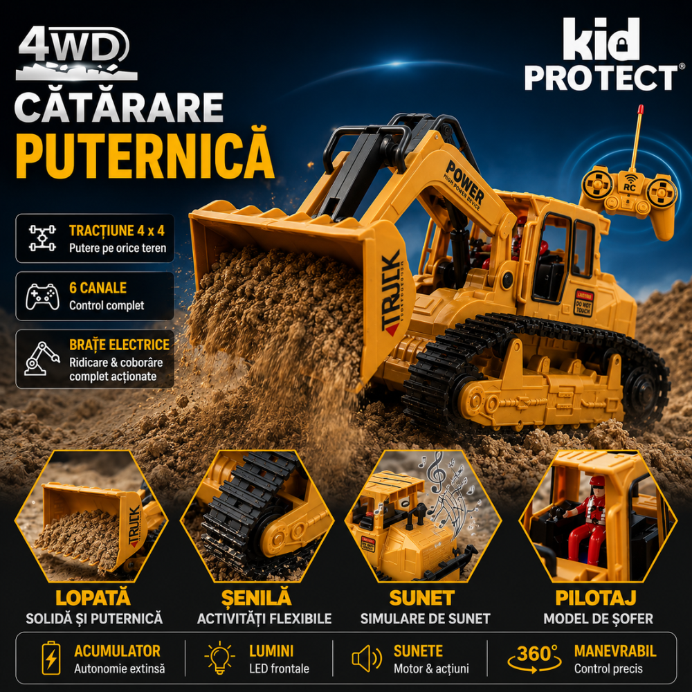 Buldozer Super Realist Cu Telecomanda Pentru Copii KidProtect PowerTrack Dozer