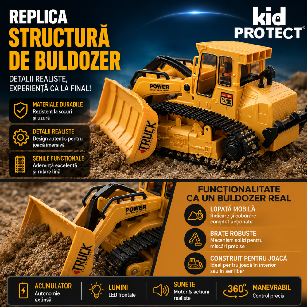 Buldozer Super Realist Cu Telecomanda Pentru Copii KidProtect PowerTrack Dozer