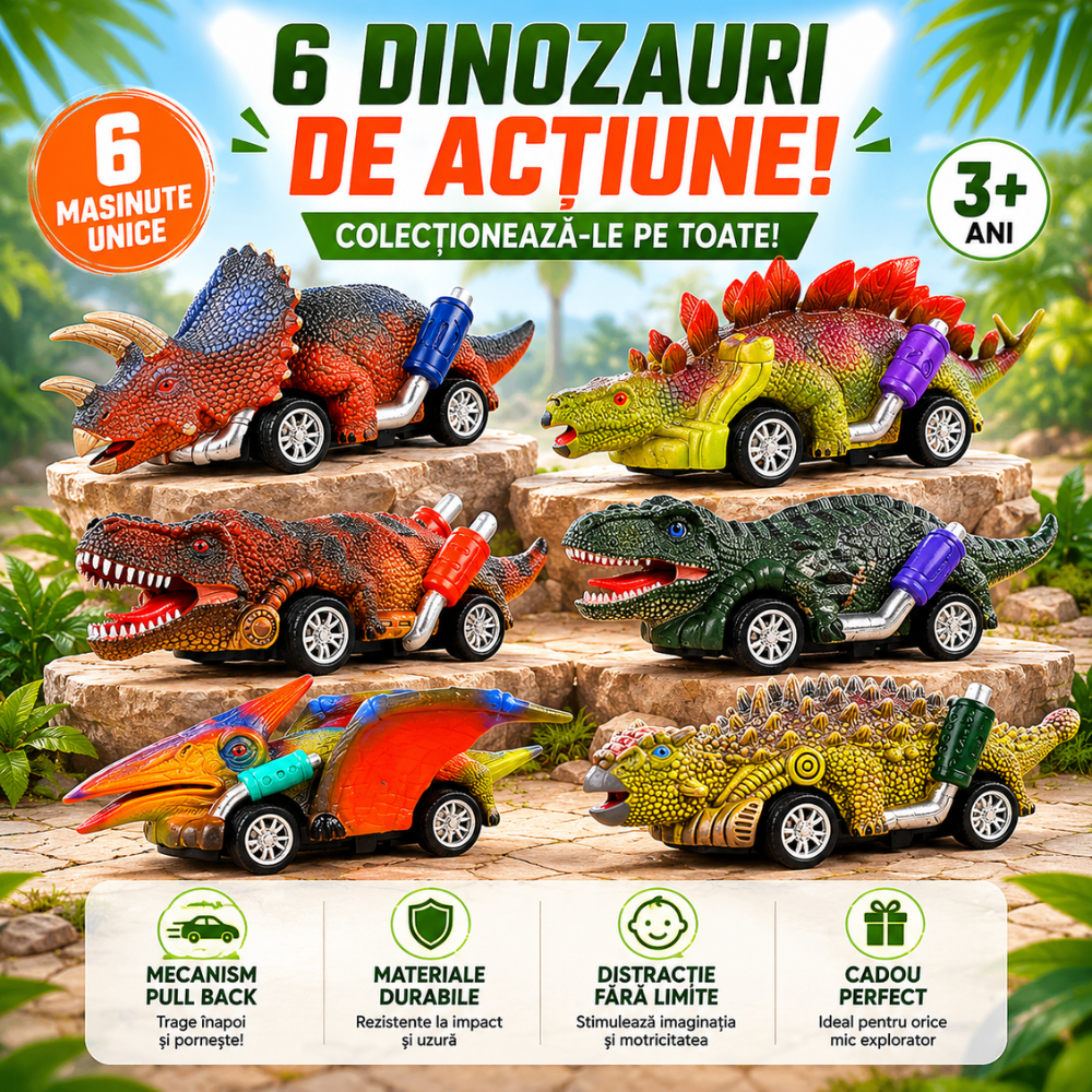 Set 6 Masinute Dinozauri De Jucarie Pentru Copii, KidProtect Jurassic Speeders, 3 ani+