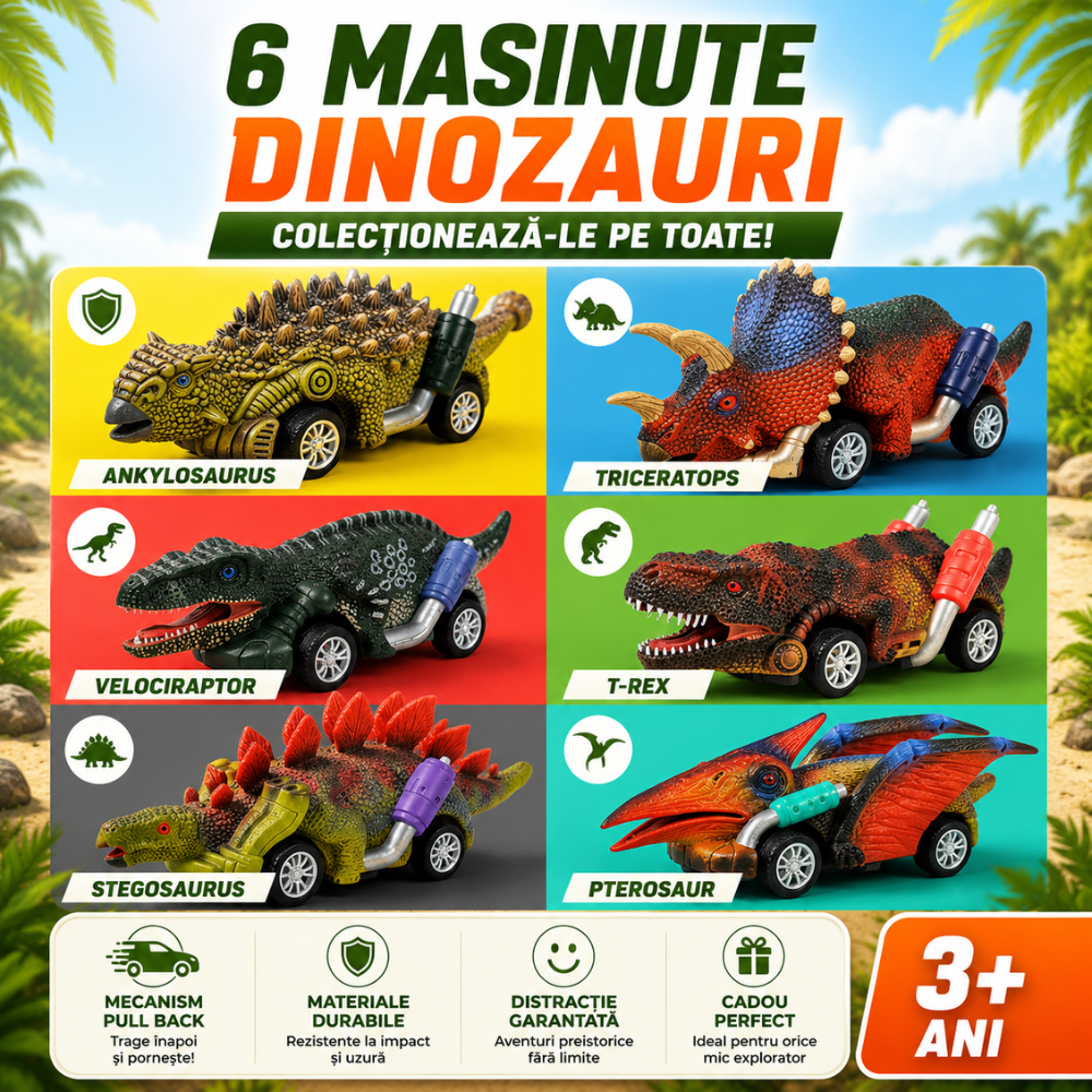 Set 6 Masinute Dinozauri De Jucarie Pentru Copii, KidProtect Jurassic Speeders, 3 ani+