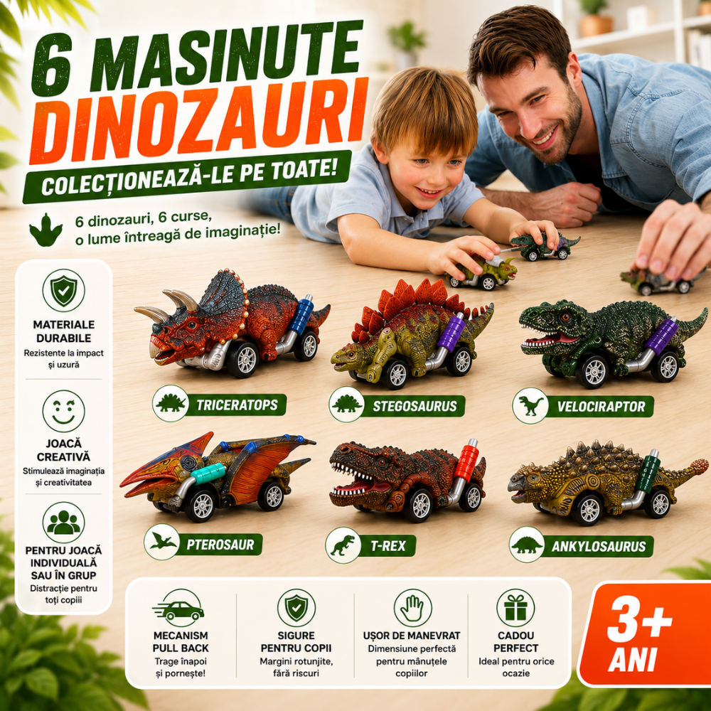 Set 6 Masinute Dinozauri De Jucarie Pentru Copii, KidProtect Jurassic Speeders, 3 ani+