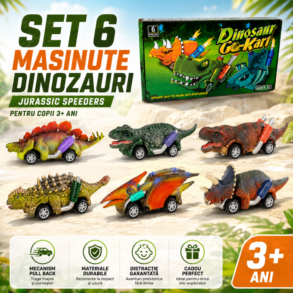 Set 6 Masinute Dinozauri De Jucarie Pentru Copii, KidProtect Jurassic Speeders, 3 ani+