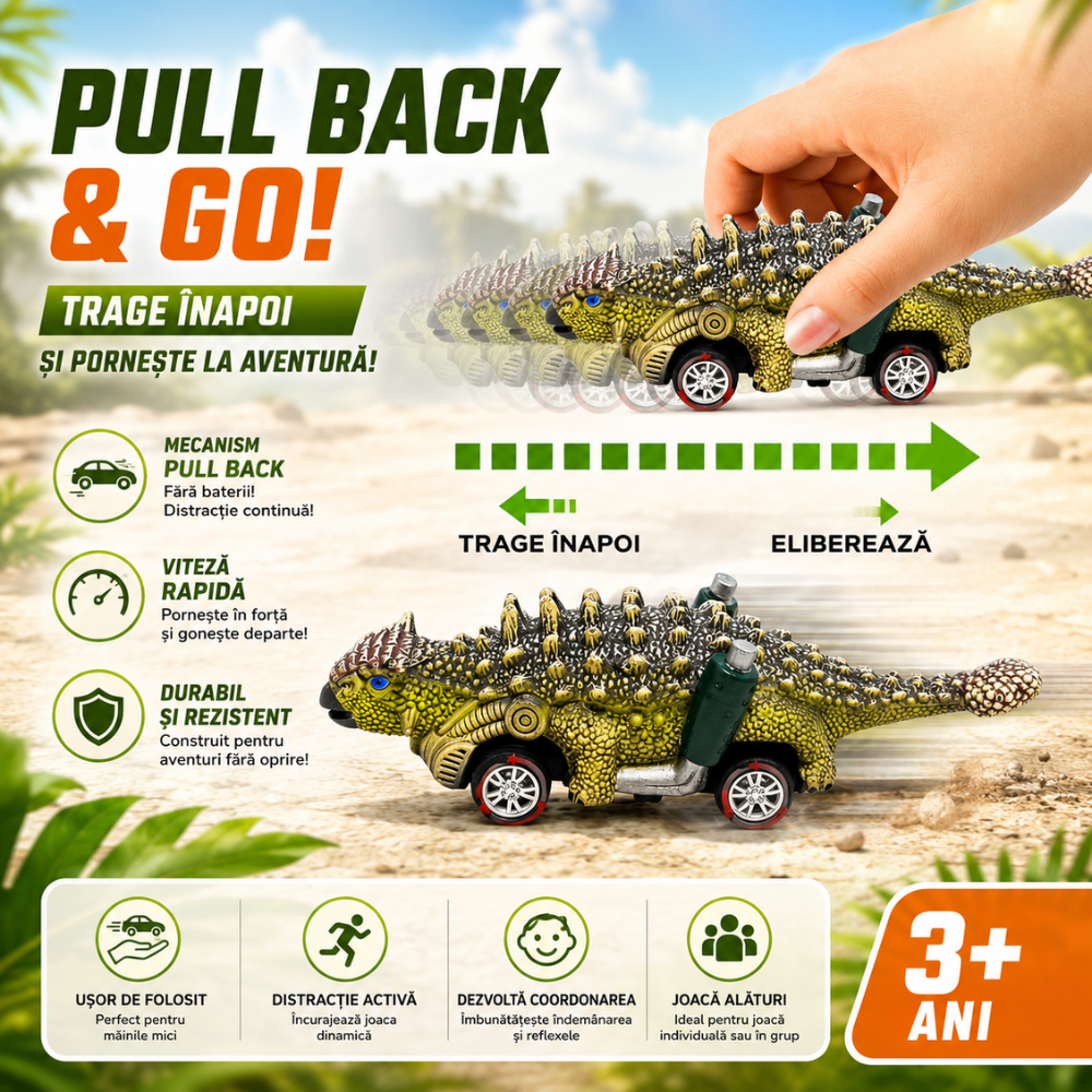 Set 6 Masinute Dinozauri De Jucarie Pentru Copii, KidProtect Jurassic Speeders, 3 ani+