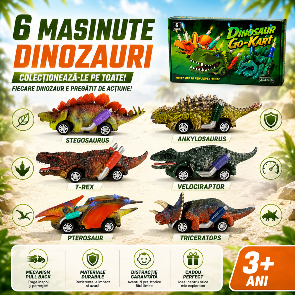 Set 6 Masinute Dinozauri De Jucarie Pentru Copii, KidProtect Jurassic Speeders, 3 ani+