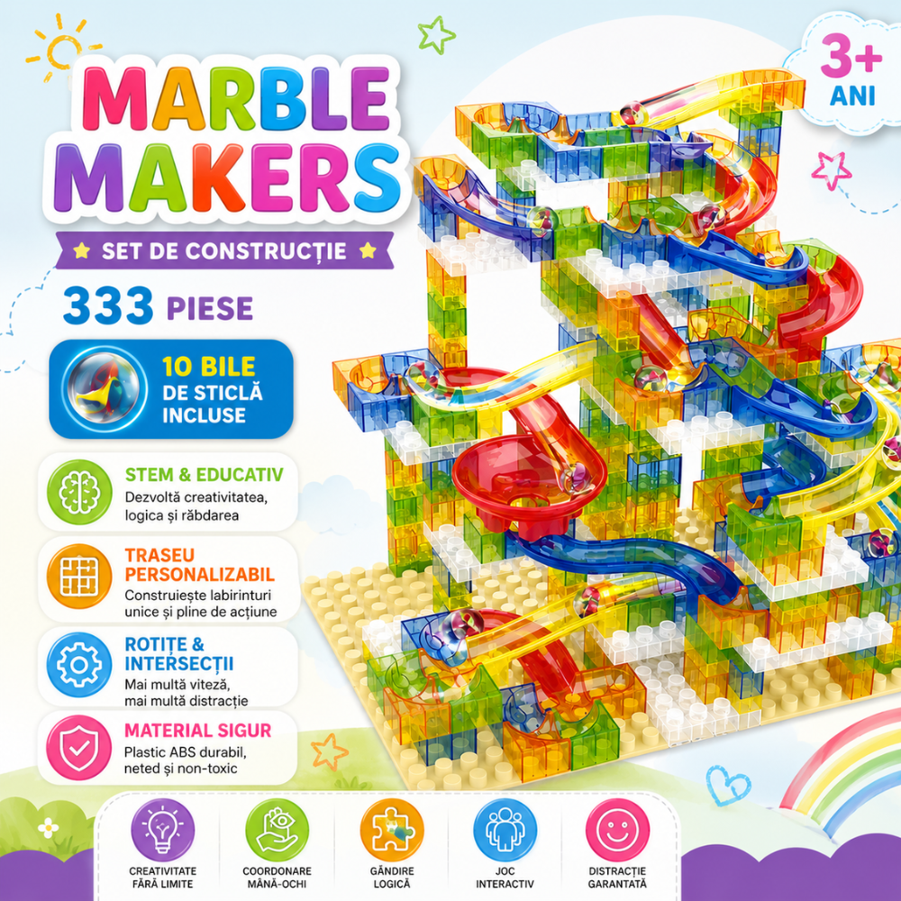 Set de Constructie Blocuri cu Bile de Sticla Kidprotect Marble Makers, 333 de Piese