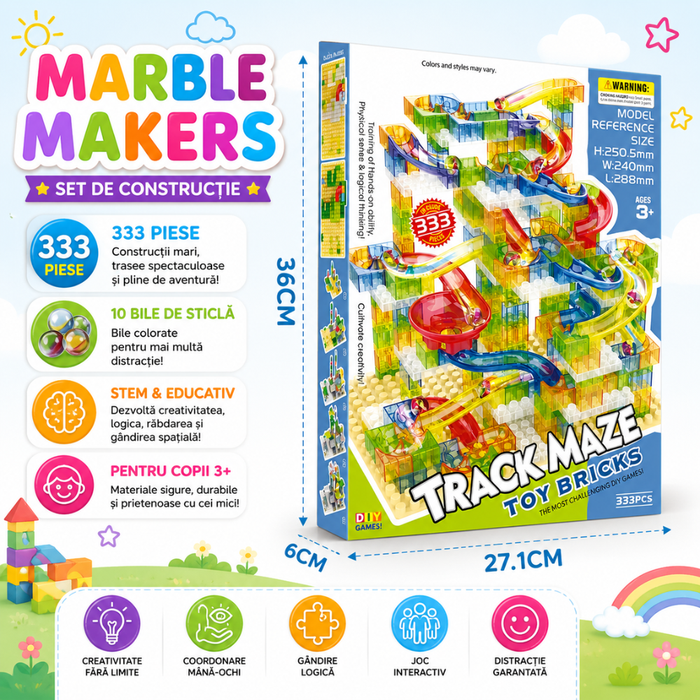 Set de Constructie Blocuri cu Bile de Sticla Kidprotect Marble Makers, 333 de Piese