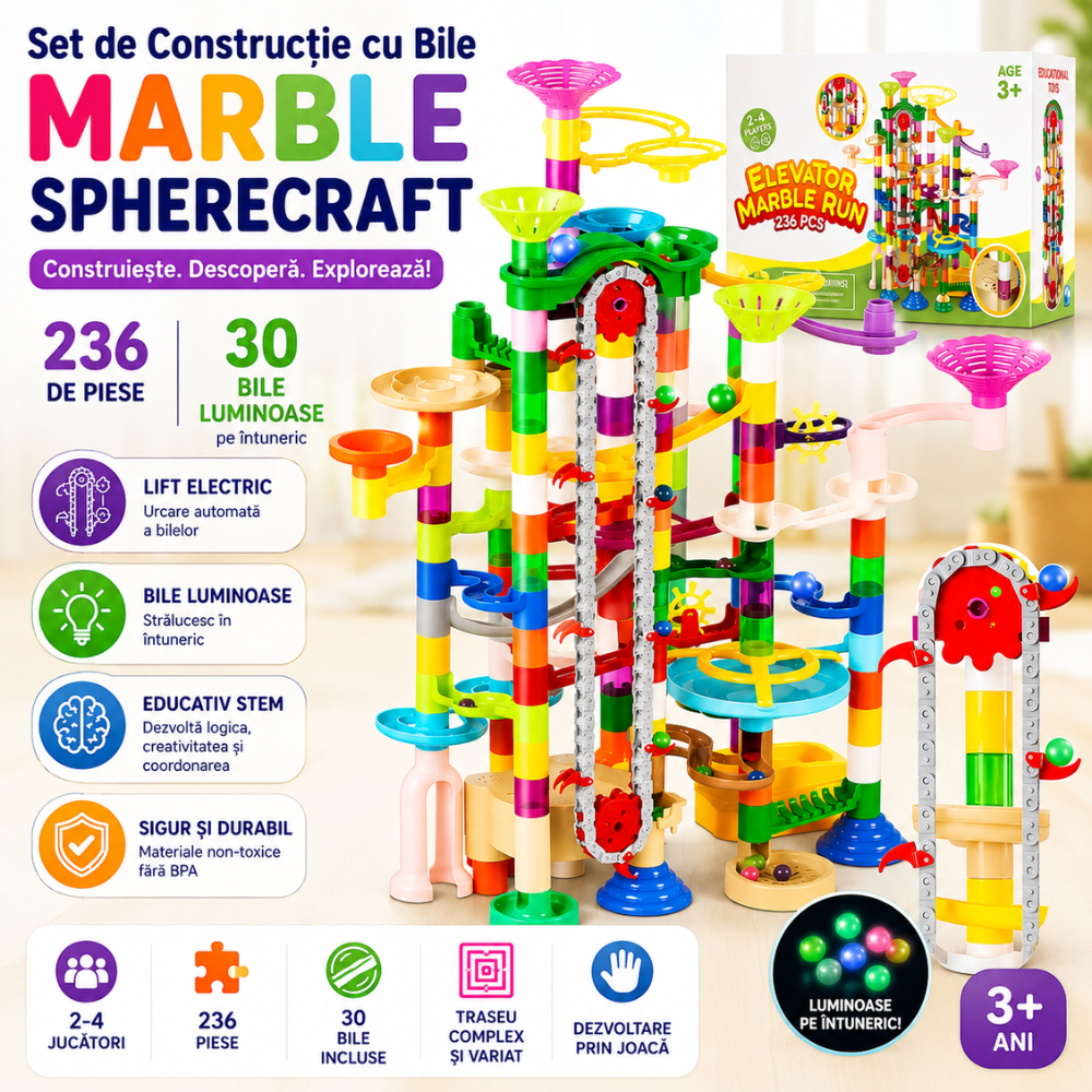 Set de Constructie cu Bile de Sticla Kidprotect Marble SphereCraft, 236 de Piese