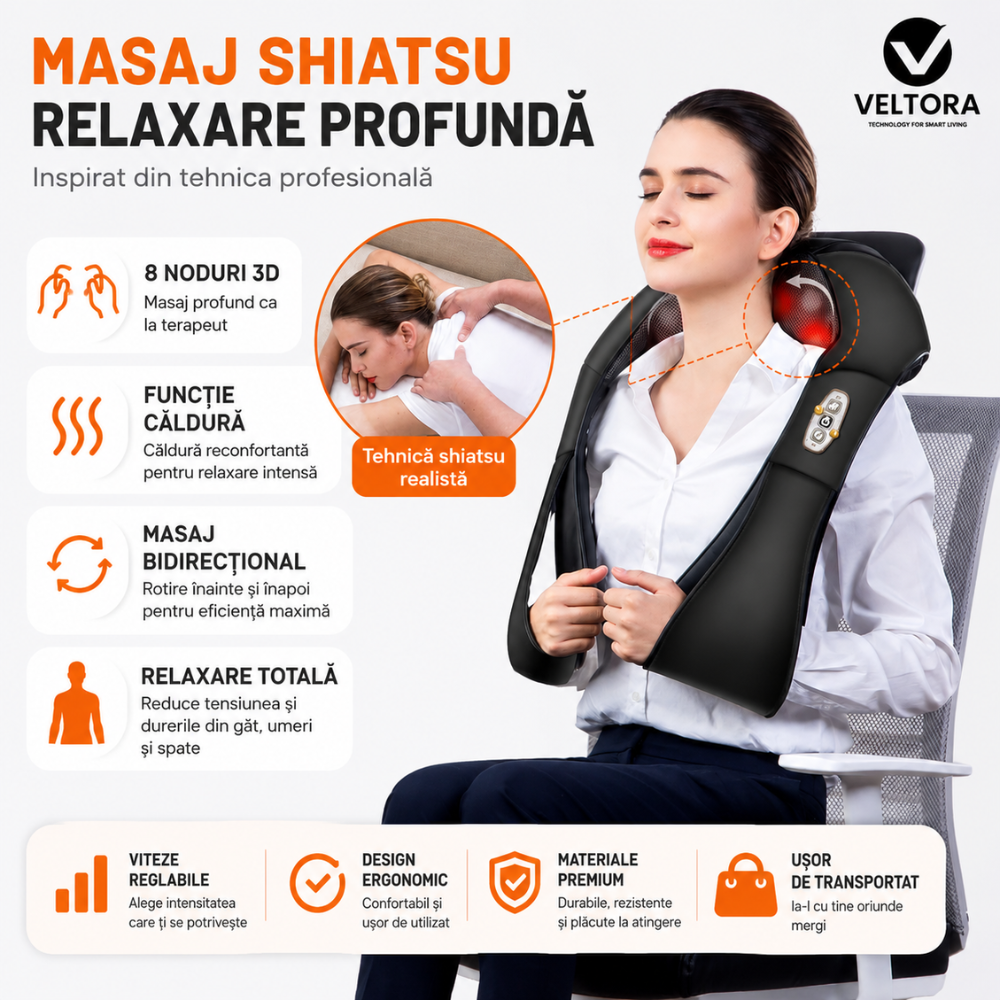 Aparat Profesional Premium Pentru Masaj Umeri 3D Veltora NeoHeat Relax