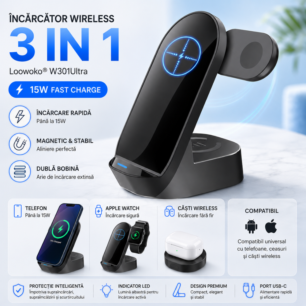 Incarcator wireless 3 in 1 Loowoko® W301Ultra