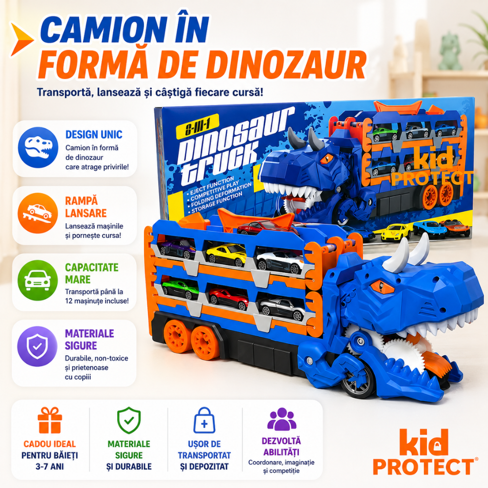 Set Camion Tir De Jucarie Extensibil Pentru Copii Transport, KidProtect Dino Luncher