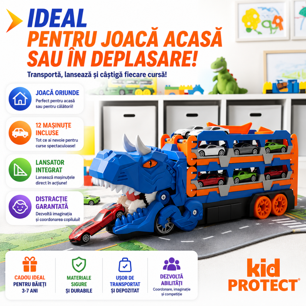 Set Camion Tir De Jucarie Extensibil Pentru Copii Transport, KidProtect Dino Luncher