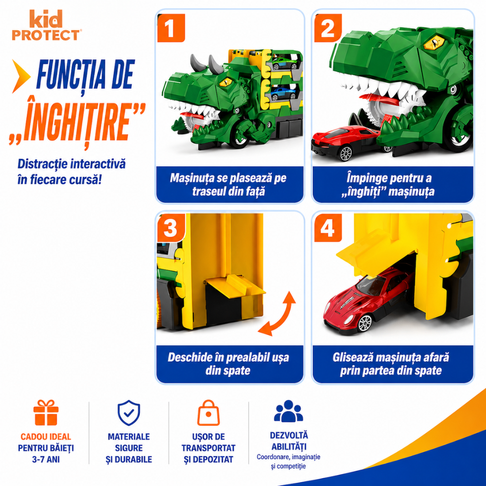 Set Camion Tir De Jucarie Extensibil Pentru Copii Transport, KidProtect Dino Luncher