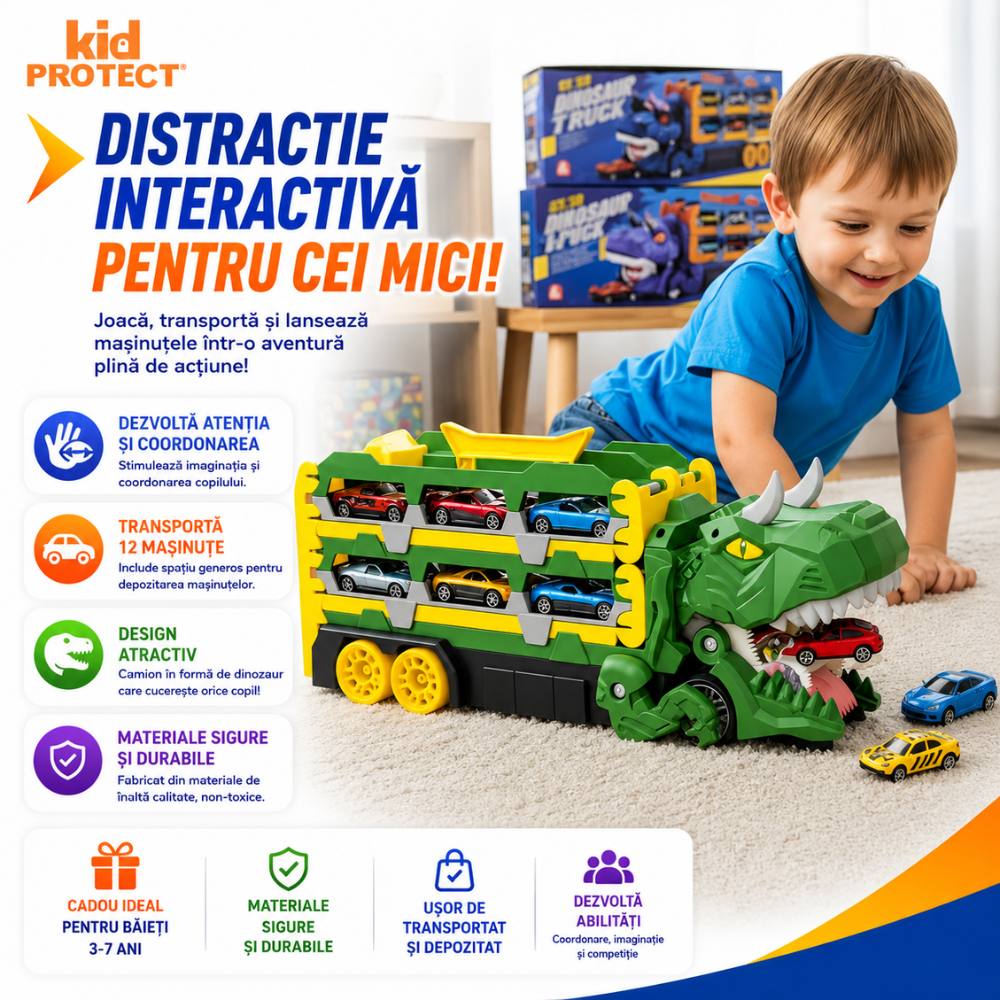 Set Camion Tir De Jucarie Extensibil Pentru Copii Transport, KidProtect Dino Luncher
