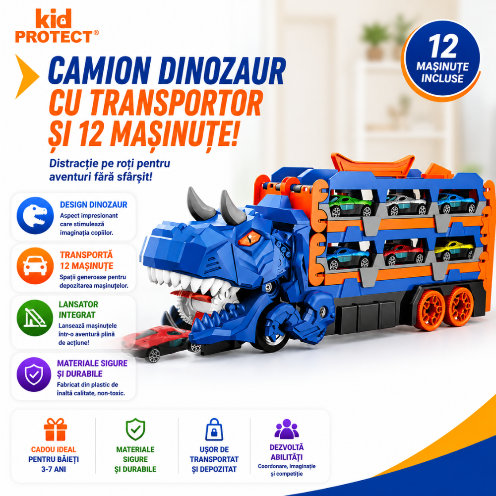 Set Camion Tir De Jucarie Extensibil Pentru Copii Transport, KidProtect Dino Luncher