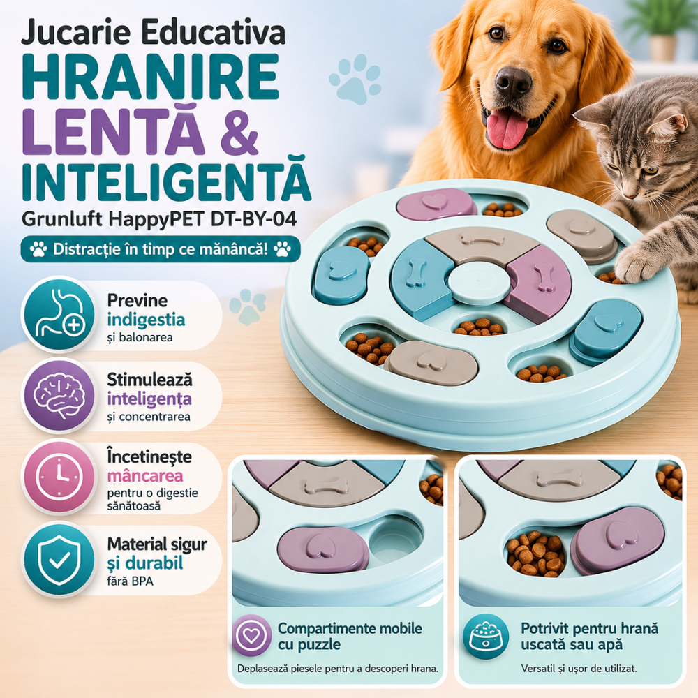Castron hranire lenta caini si pisici cu puzzle Grunluft HappyPET DT-BY-04
