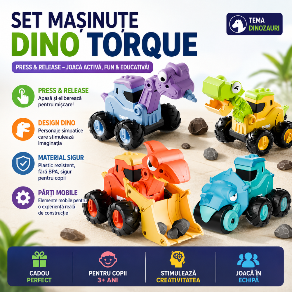Set Masinute Pentru Copii, KidProtect DinoTorque