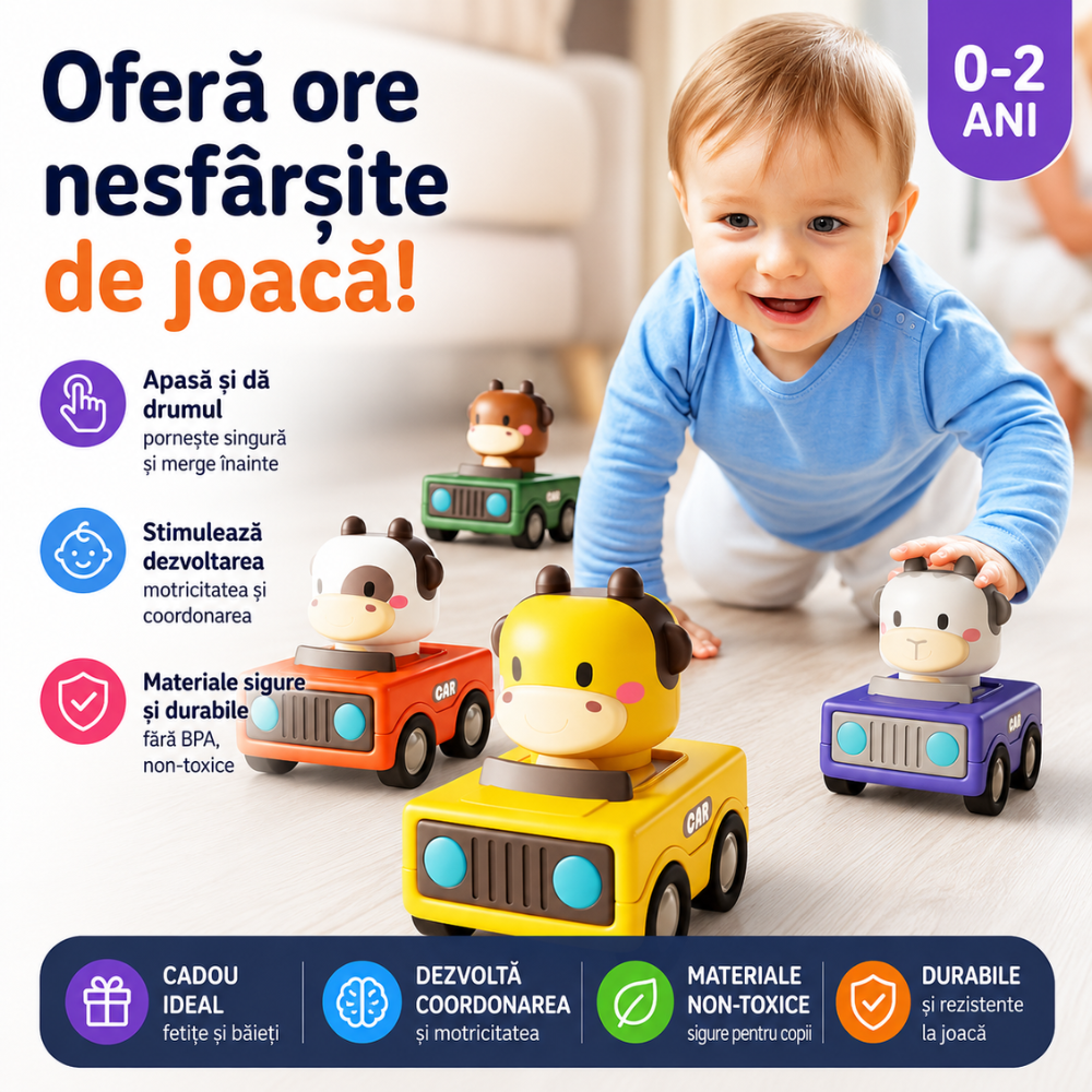 Set 4 Masinute Tip Jucarie Interactiva Bebelusi si Copii Montessori KidProtect Smart Car