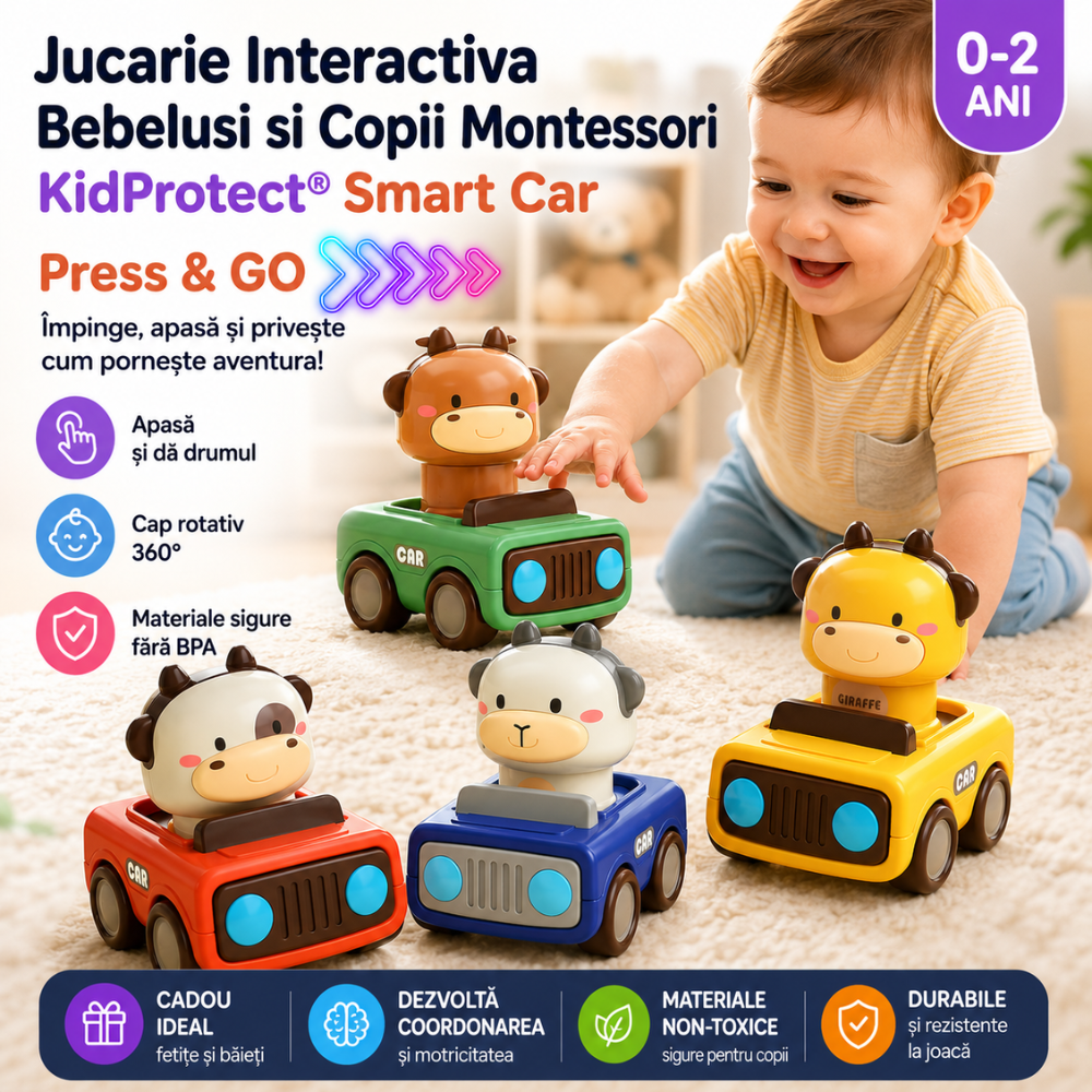 Set 4 Masinute Tip Jucarie Interactiva Bebelusi si Copii Montessori KidProtect Smart Car