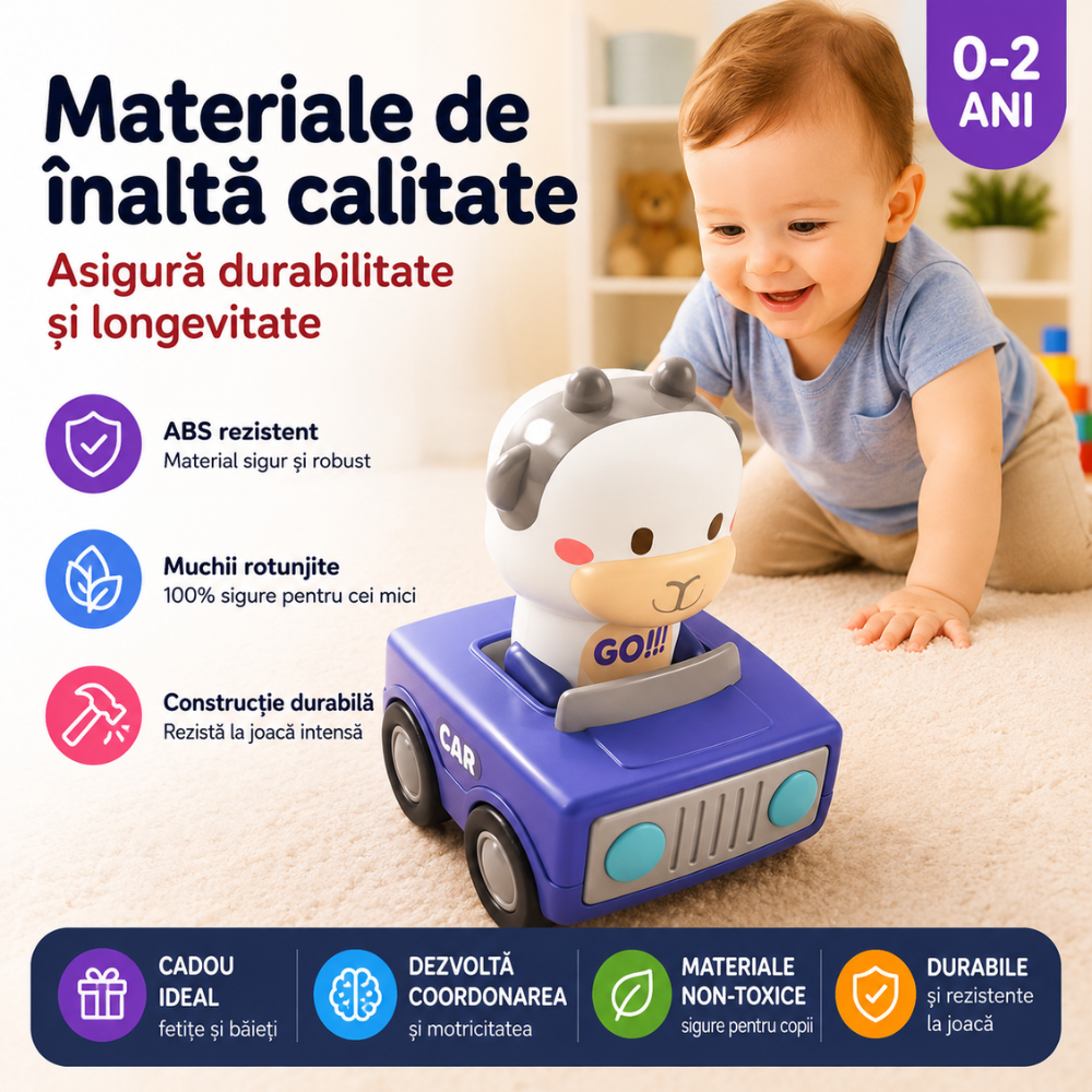 Set 4 Masinute Tip Jucarie Interactiva Bebelusi si Copii Montessori KidProtect Smart Car
