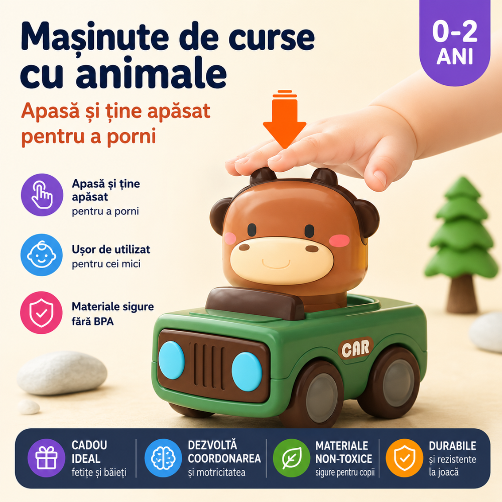 Set 4 Masinute Tip Jucarie Interactiva Bebelusi si Copii Montessori KidProtect Smart Car