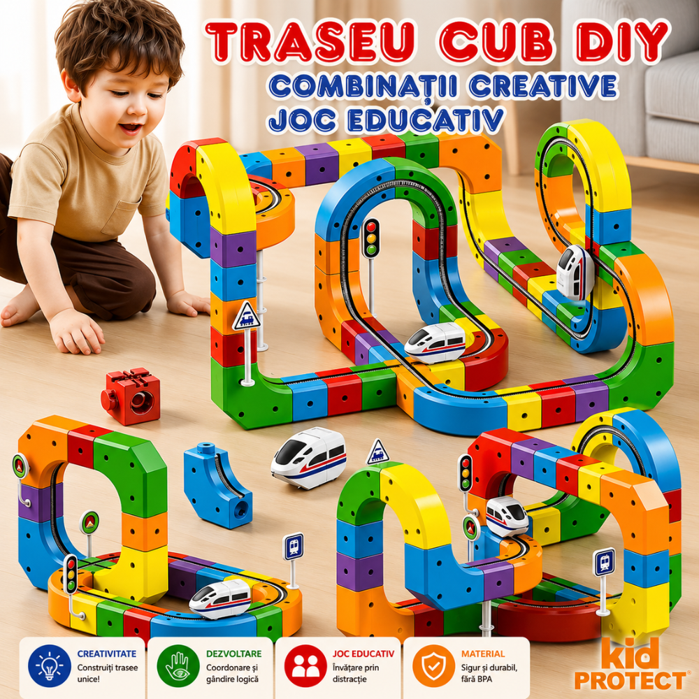 Circuit Trenulet Rasturnat de Jucarie Electric Pentru Copii KidProtect Cube Train