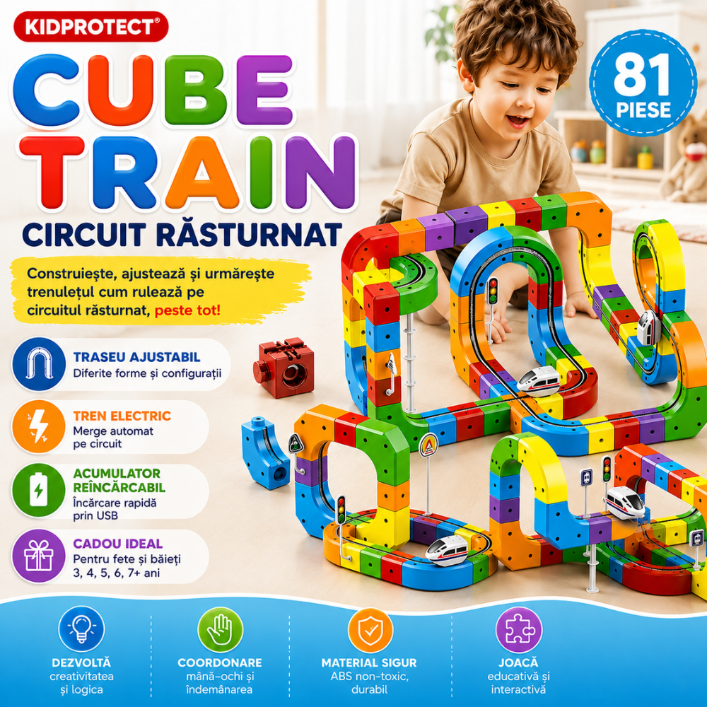 Circuit Trenulet Rasturnat de Jucarie Electric Pentru Copii KidProtect Cube Train