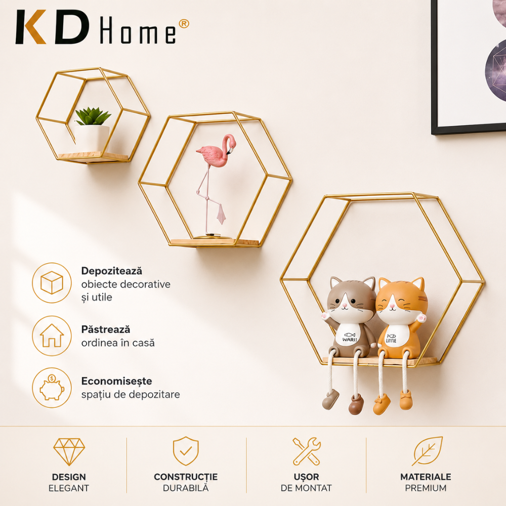 Set 3 Rafturi Metalice Suspendate KD Home AuraHex