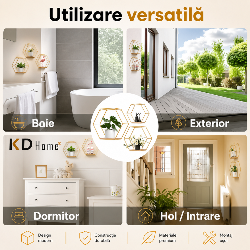 Set 3 Rafturi Metalice Suspendate KD Home AuraHex