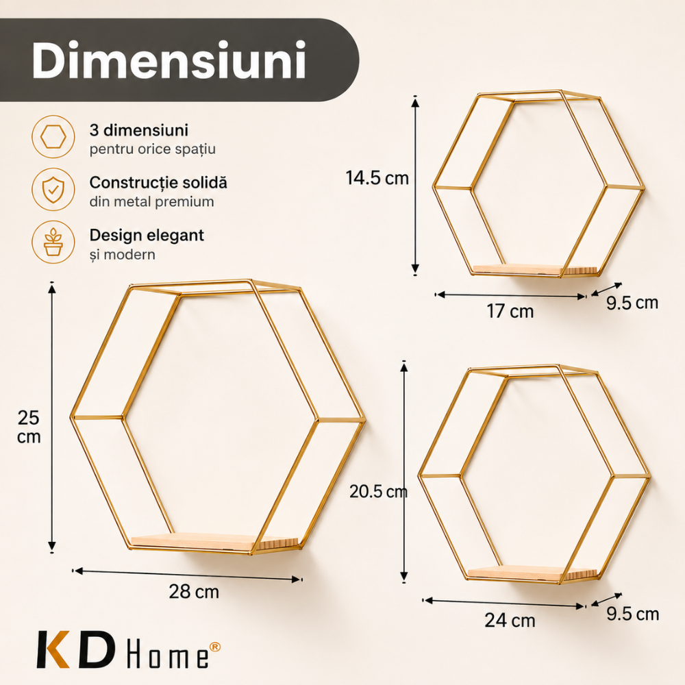 Set 3 Rafturi Metalice Suspendate KD Home AuraHex