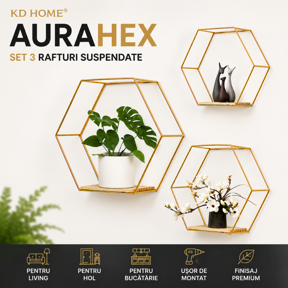 Set 3 Rafturi Metalice Suspendate KD Home AuraHex